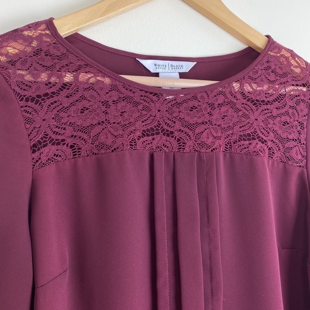 White House Black Market Woman’s Size 6 Blouse Long Sleeve Lace Neck and Arms - Picture 3 of 8